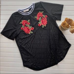 TWINKLE Black Mesh Embroidered Flower Top